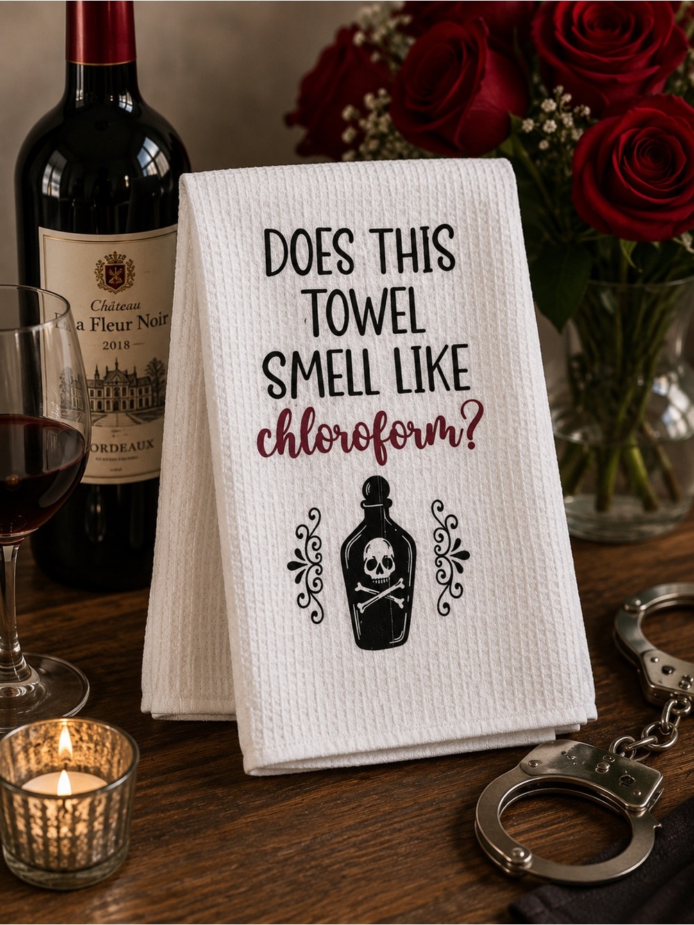 White Waffle Towel with 'Does This Towel Smell Like Chloroform?' Text